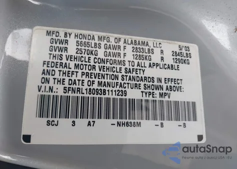 2003 Honda Odyssey Ex-L from USA, damaged, VIN 5FNRL18093B111239